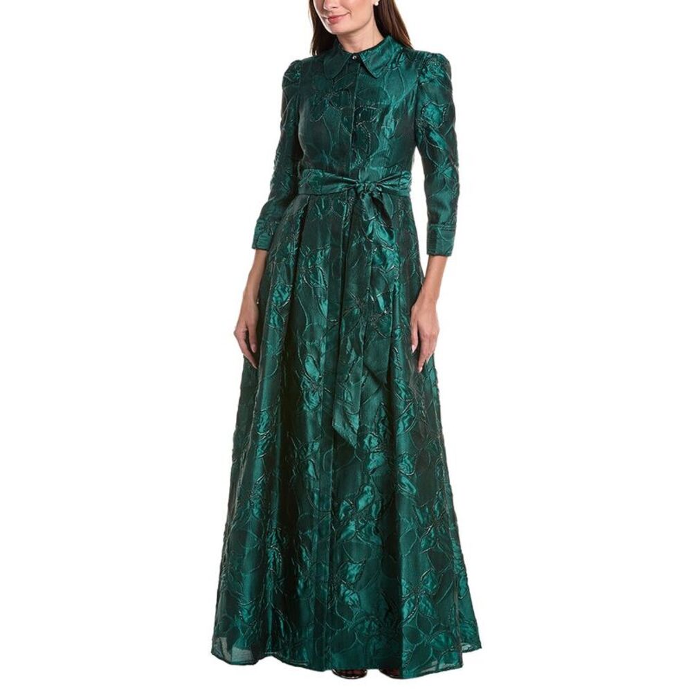 Teri Jon By Rickie Freeman Womens Metallic Jacquard Floral Shirt Gown, Blue